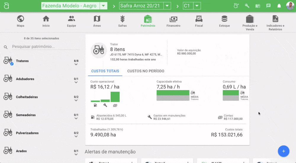 Gestão de Patrimônio e Custos de Maquinário no Aegro GIF que exibe a tela de ‘Patrimônio’ do software de gestão agrícola Aegro. A interface demonstra a análise deta