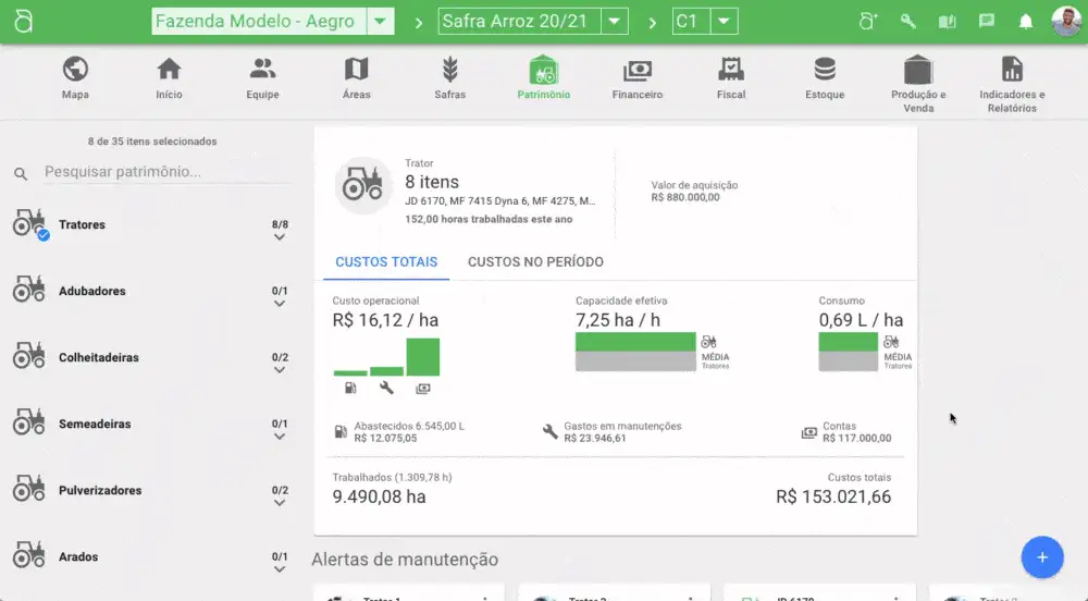 GIF que exibe a tela de 'Patrimônio' do software de gestão agrícola Aegro. A interface demonstra a análise deta