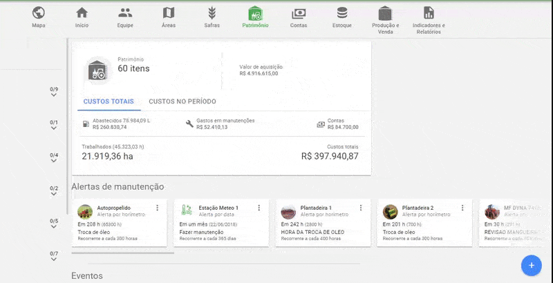 Gestão de Patrimônio e Máquinas Agrícolas no Software Aegro a tela de ‘Patrimônio’ do software de gestão agrícola Aegro. Este painel centraliza informações cruciais sobre