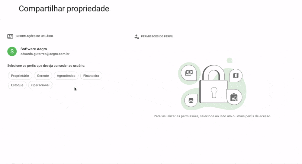 O GIF demonstra a tela ‘Compartilhar propriedade’ do software Aegro, ilustrando o processo de atribuição de permissões a um n