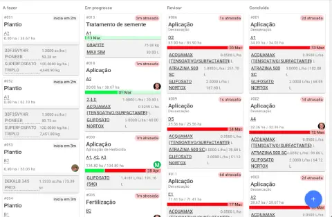 a interface de um software de gestão agrícola, apresentando um painel de controle no estilo Kanban para o gere