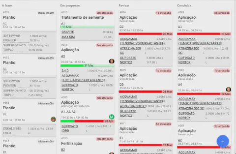 a interface de um software de gestão agrícola, especificamente um quadro de atividades no estilo Kanban. A tel
