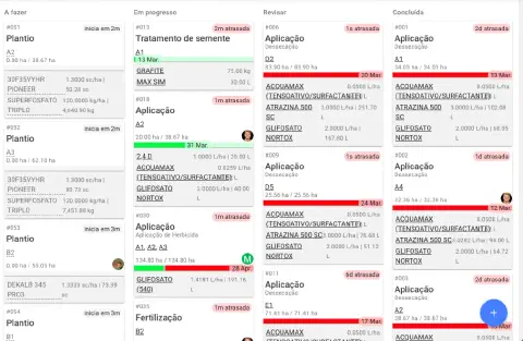 a interface de um software de gestão agrícola, especificamente um quadro de atividades no estilo Kanban. A tel