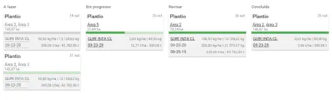 a interface de um software de gestão agrícola, apresentando uma funcionalidade de quadro de tarefas no estilo
