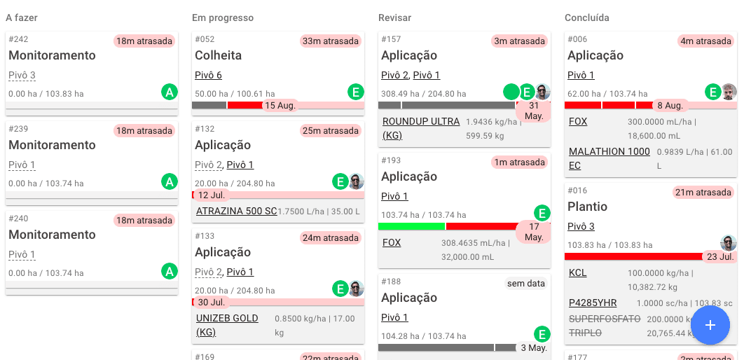 Gestão de Tarefas Agrícolas com Quadro Kanban no Aegro a interface de um software de gestão agrícola, apresentando um quadro de atividades no estilo Kanban. As taref
