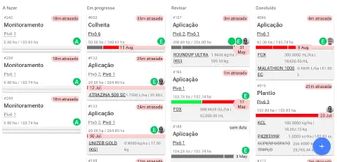 a interface de um software de gestão agrícola, apresentando um quadro de atividades no estilo Kanban. As taref
