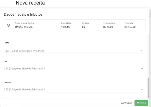uma tela de software intitulada 'Nova receita', focada na seção 'Dados fiscais e tributos'. Nela, um item cham