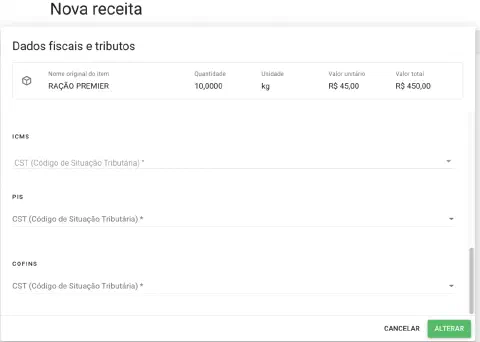 uma tela de software intitulada 'Nova receita', focada na seção 'Dados fiscais e tributos'. Nela, um item cham