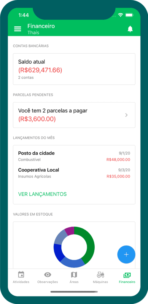Gestão Financeira Rural na Palma da Mão com App Aegro a tela de um smartphone com a seção ‘Financeiro’ de um aplicativo de gestão rural, provavelmente o Aegro. A in