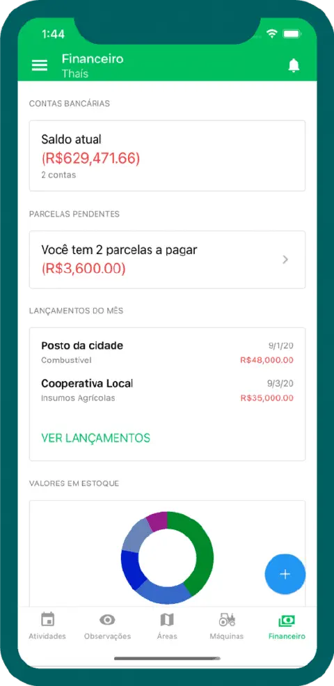 a tela de um smartphone com a seção 'Financeiro' de um aplicativo de gestão rural, provavelmente o Aegro. A in