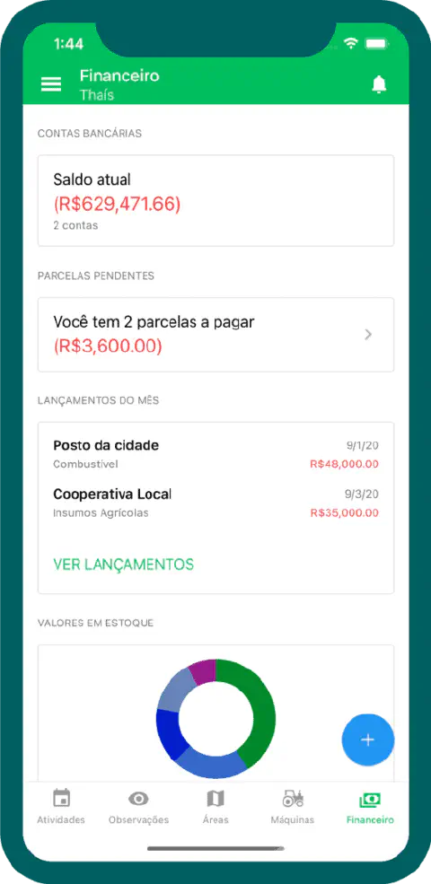 a tela de um smartphone com a seção 'Financeiro' de um aplicativo de gestão rural, provavelmente o Aegro. A in