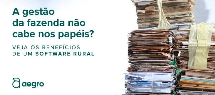 Gestão Rural: Software Agrícola vs. Papelada peça publicitária dividida em duas seções. À esquerda, sobre um fundo branco e limpo, há um texto em verde esc