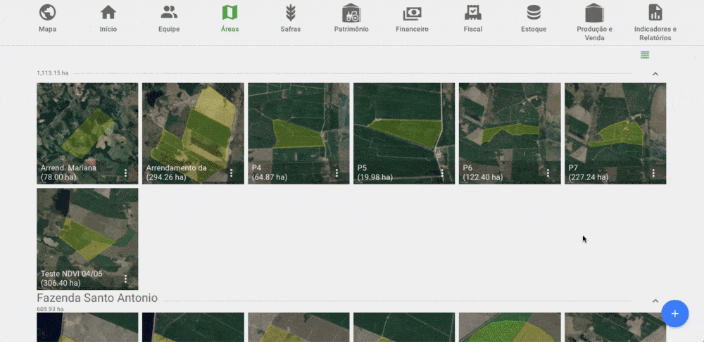 Gestão Visual de Áreas e Talhões Agrícolas | Aegro Captura de tela animada da interface do Aegro mostrando a gestão visual de áreas e talhões agrícolas