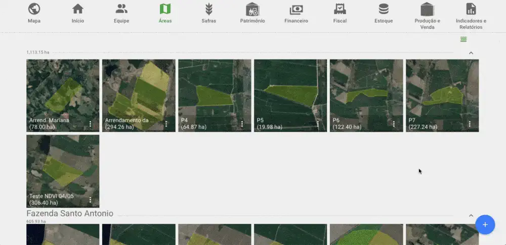 Captura de tela animada da interface do Aegro mostrando a gestão visual de áreas e talhões agrícolas