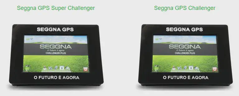 GPS Agrícola Seggna: Modelos Challenger e Super Challenger dois dispositivos de GPS agrícola da marca Seggna, lado a lado, sobre um fundo branco. À esquerda, o modelo é