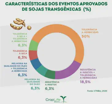 infográfico em formato de gráfico de rosca que detalha as características dos eventos aprovados de sojas transg