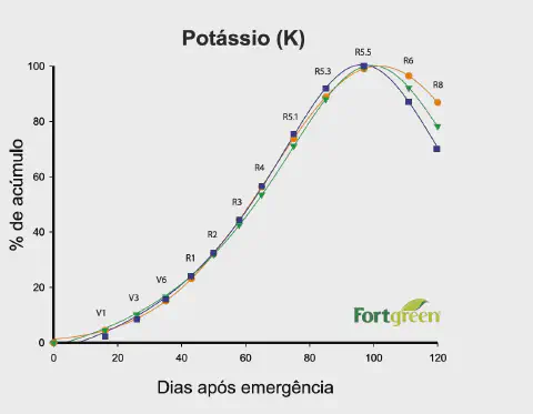 gráfico técnico que ilustra a curva de acúmulo de Potássio (K) em uma cultura agrícola ao longo do tempo. O