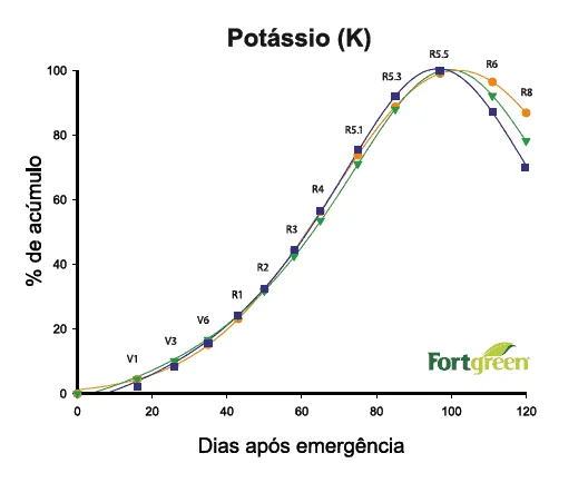 gráfico de linhas que ilustra a curva de acúmulo de Potássio (K) em uma cultura agrícola, provavelmente soj
