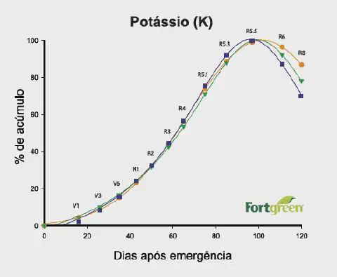 gráfico de linhas que ilustra a curva de acúmulo de Potássio (K) em uma cultura agrícola, provavelmente soj
