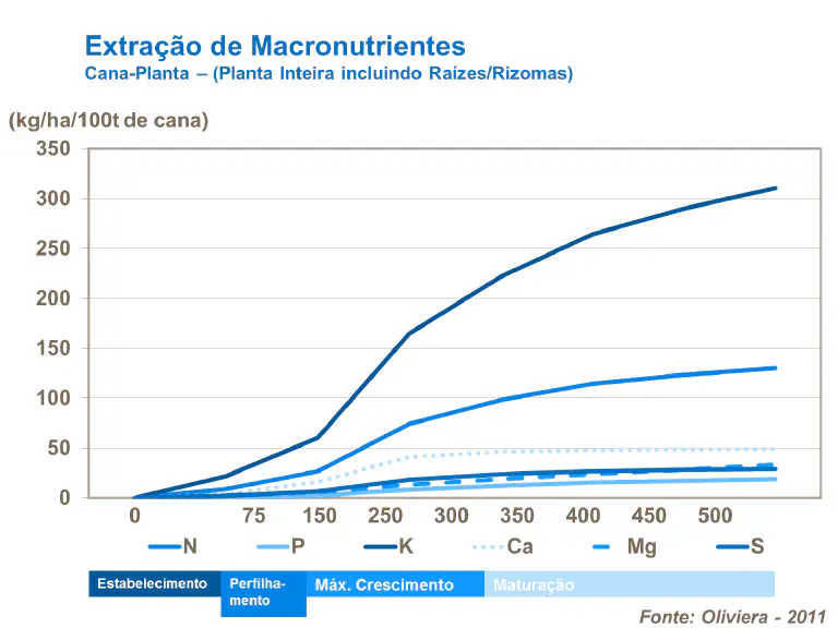 Gráfico de Extração de Macronutrientes na Cana-de-Açúcar Este gráfico de linhas detalha a curva de extração acumulada de macronutrientes pela cana-planta, considerando a planta intei