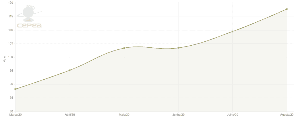 gráfico de área que ilustra a evolução de um indicador de valor ao longo de seis meses, de março a agosto d