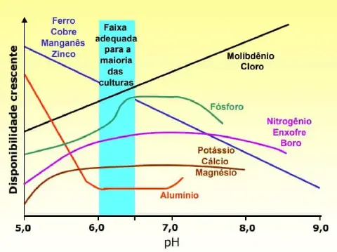 Gráfico da relação entre pH do solo e disponibilidade de nutrientes