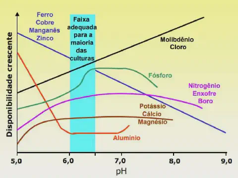 Gráfico da relação entre pH do solo e disponibilidade de nutrientes