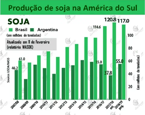 gráfico de barras verticais que compara a produção de soja entre o Brasil e a Argentina ao longo de vár