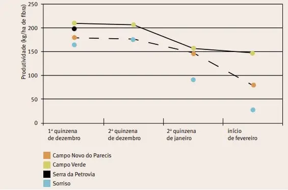 gráfico de linhas e pontos que compara a produtividade de fibra, medida em kg/ha, em quatro diferentes loca