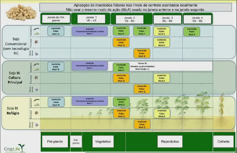 Guia de Aplicação de Inseticidas na Soja: Modo de Ação infográfico técnico detalhado que apresenta um plano estratégico para a aplicação de inseticidas foliares na cu