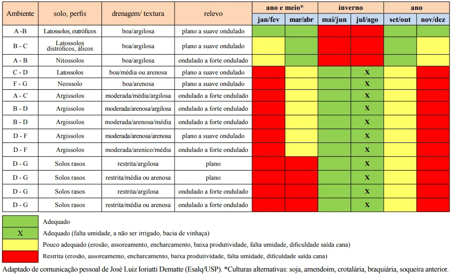 uma tabela técnica de planejamento agrícola que correlaciona diferentes ambientes de produção com as épocas de