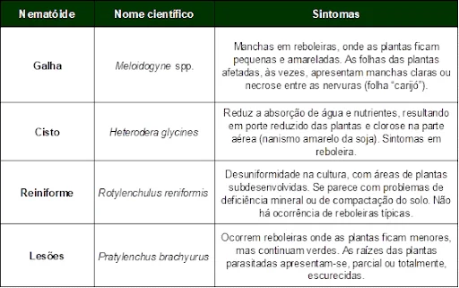 Guia de Sintomas para Identificação de Nematoides na Lavoura uma tabela informativa e técnica, projetada para auxiliar na identificação de diferentes tipos de nematoides c