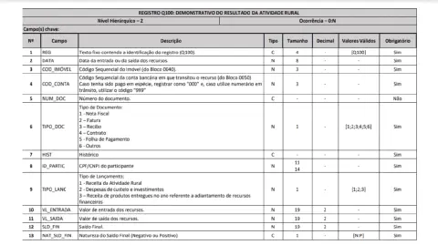 uma tabela detalhada que descreve a estrutura do 'Registro Q100: Demonstrativo do Resultado da Atividade Rural