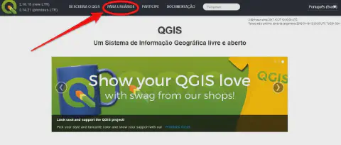captura de tela da página inicial do site oficial do QGIS, um software de Sistema de Informação Geográfica (SI