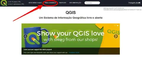 captura de tela da página inicial do site oficial do QGIS, um software de Sistema de Informação Geográfica (SI