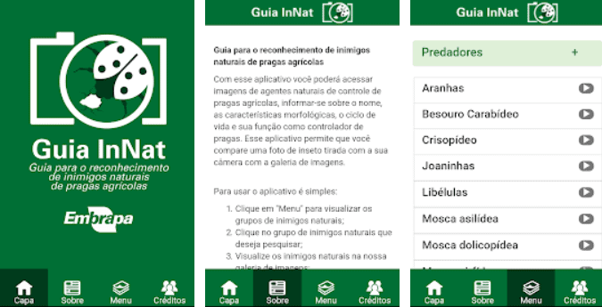 três telas da interface do aplicativo móvel ‘Guia InNat’, desenvolvido pela Embrapa. A primeira tela é a capa,