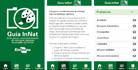 três telas da interface do aplicativo móvel 'Guia InNat', desenvolvido pela Embrapa. A primeira tela é a capa,