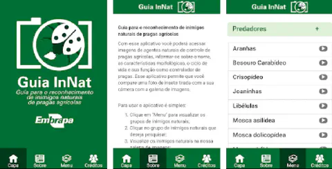 três telas da interface do aplicativo móvel 'Guia InNat', desenvolvido pela Embrapa. A primeira tela é a capa,