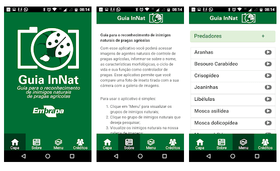 três telas do aplicativo móvel ‘Guia InNat’, desenvolvido pela Embrapa. A primeira tela é a capa, com o logoti