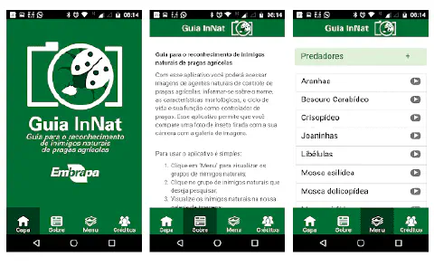 três telas do aplicativo móvel 'Guia InNat', desenvolvido pela Embrapa. A primeira tela é a capa, com o logoti