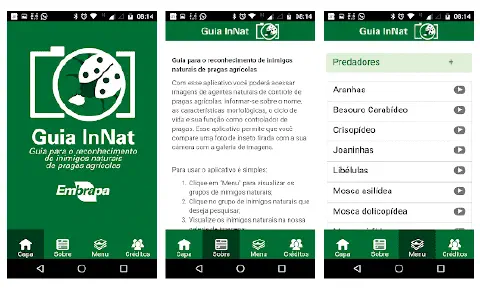 três telas do aplicativo móvel 'Guia InNat', desenvolvido pela Embrapa. A primeira tela é a capa, com o logoti
