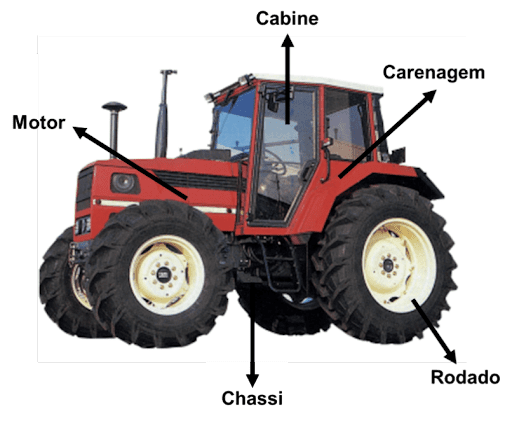 trator agrícola de porte médio, na cor vermelha, isolado sobre um fundo branco. Trata-se de uma ilustração
