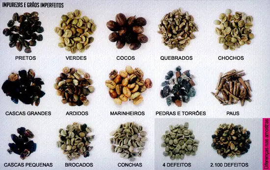 uma tabela de classificação visual para impurezas e grãos imperfeitos de café. Organizada em uma grade, ela ap