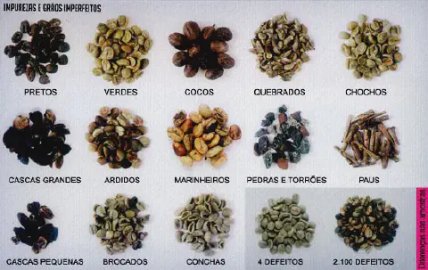 uma tabela de classificação visual para impurezas e grãos imperfeitos de café. Organizada em uma grade, ela ap