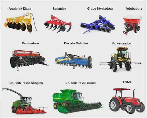 uma compilação visual de dez tipos essenciais de máquinas e implementos agrícolas, cada um com seu respectivo
