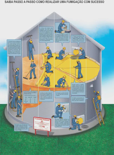 Este é um infográfico detalhado que ilustra o processo de fumigação de um silo de grãos em 11 passos. A imagem apresenta uma