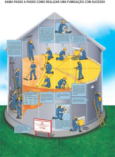 Este é um infográfico detalhado que ilustra o processo de fumigação de um silo de grãos em 11 passos. A imagem apresenta uma