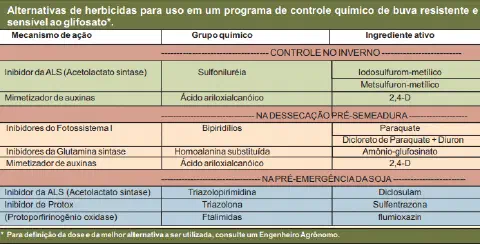 tabela técnica detalhada que serve como um guia para o controle químico da planta daninha buva, aborda