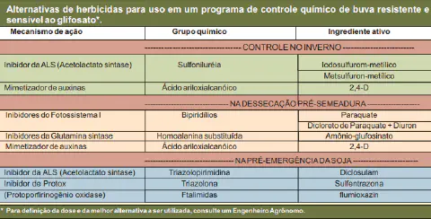 tabela técnica detalhada que serve como um guia para o controle químico da planta daninha buva, aborda