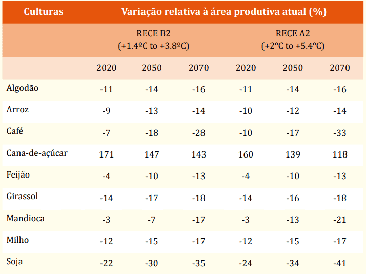 uma tabela informativa que projeta a variação percentual da área produtiva para diversas culturas agrícolas no